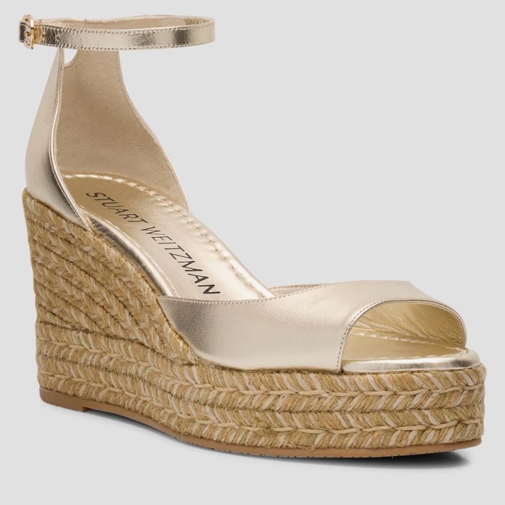 Stuart Weisman new “Nudista” metallic leather espadrille sandals